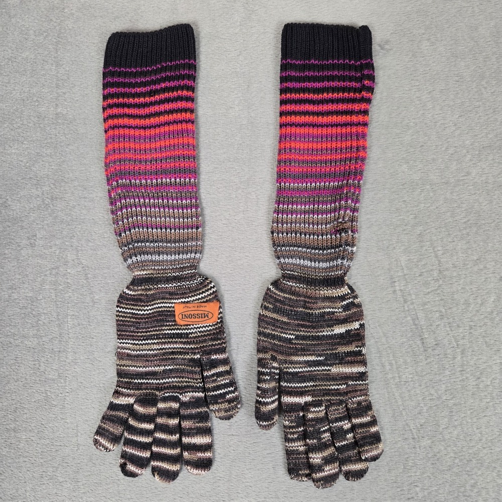 Missoni Knit Gloves Wool Purple Gray Stripe Cuff Winter Accessories Italian